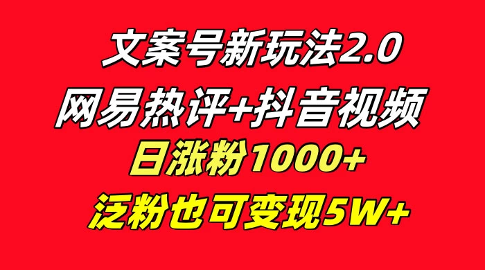 文案号新玩法，网易热评+抖音文案 一周轻松涨粉 5W+ 多种变现模式 - 吾爱随笔资源网
